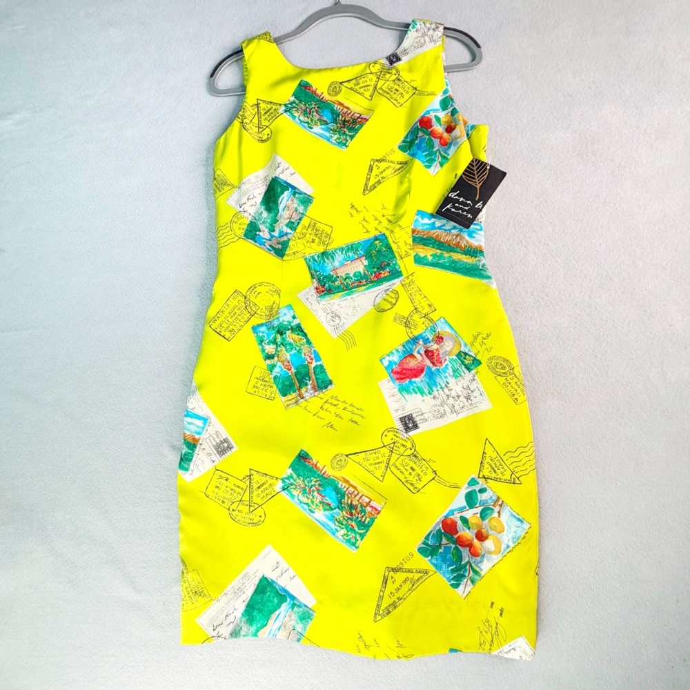 Vintage Dana B And Karen Yellow Hawaiian Heat Postmark Travel Print Silk Dress 8